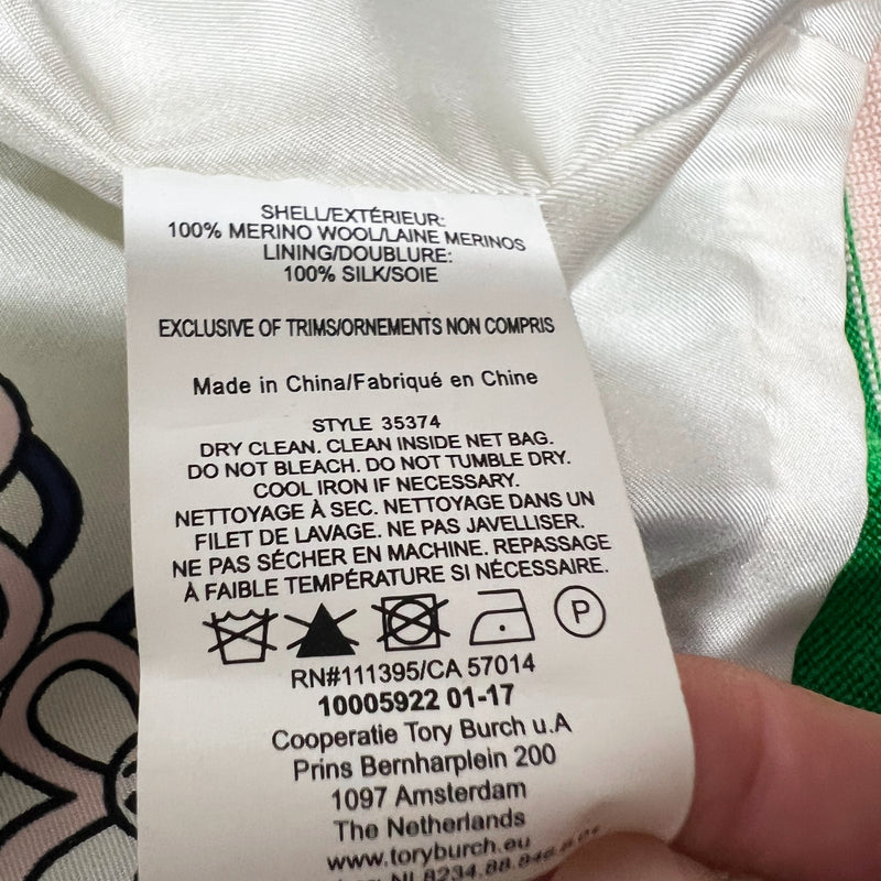 NEW Tory Burch Kendra Wool Knit Silk Court Green Garden Pink Pearl Cardigan M