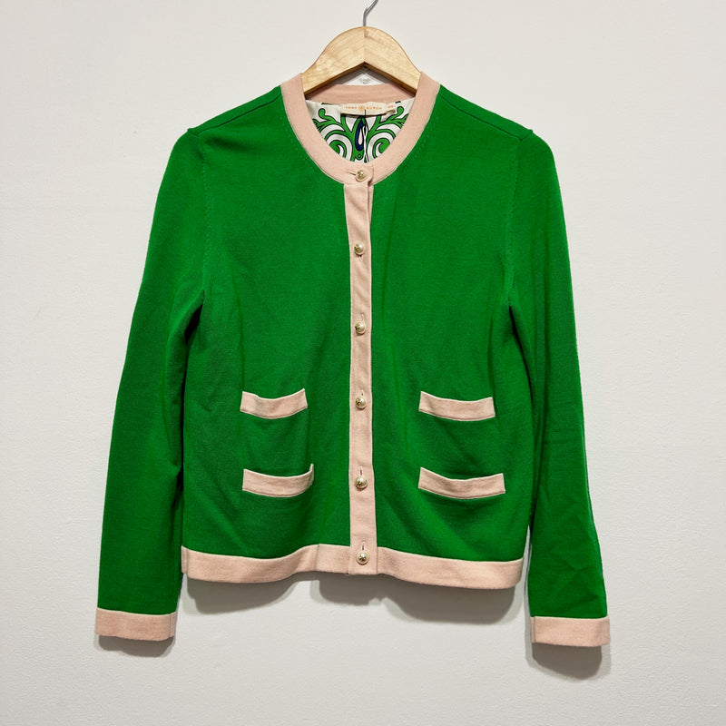 NEW Tory Burch Kendra Wool Knit Silk Court Green Garden Pink Pearl Cardigan M