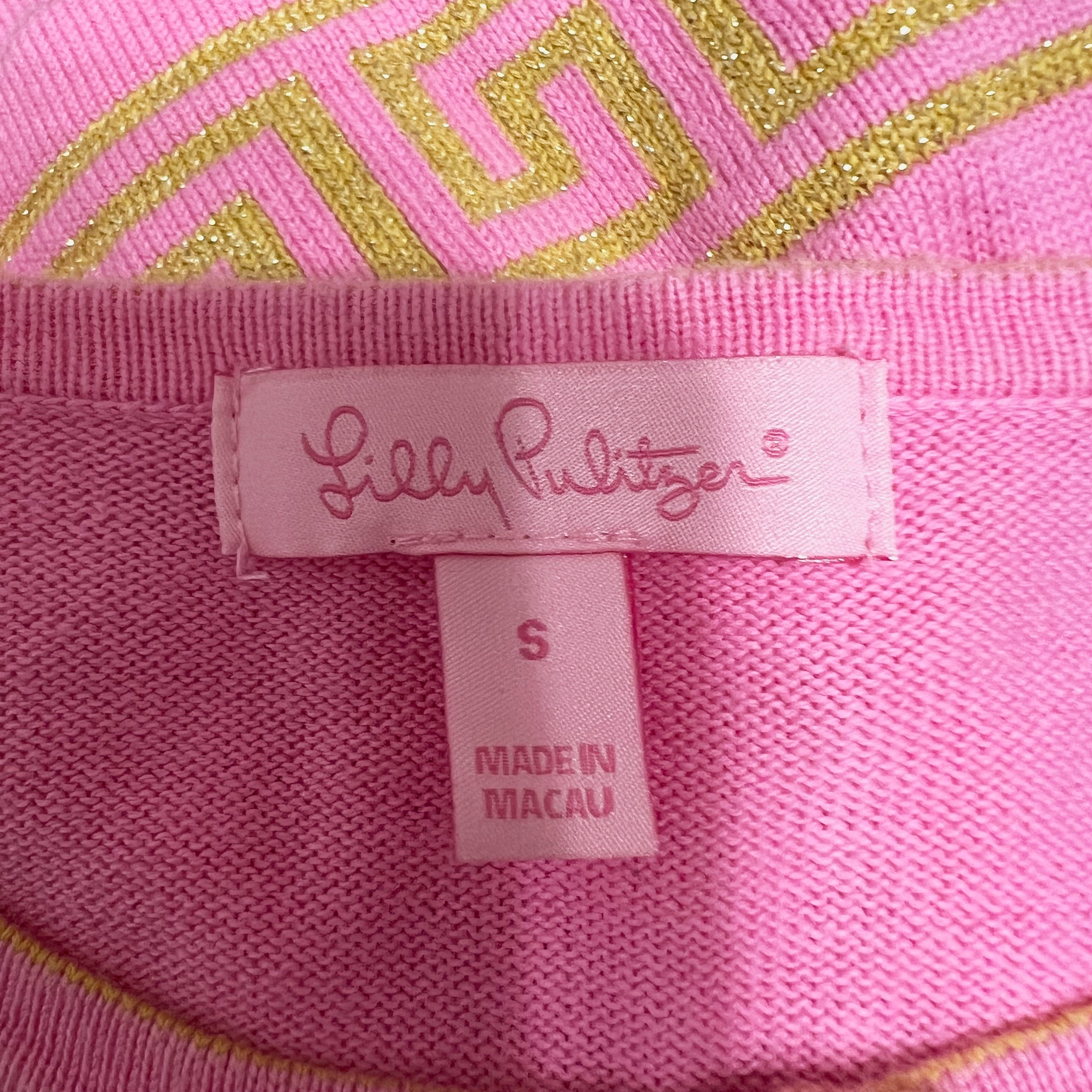 Lilly Pulitzer Keane Cardigan Cotton Knit Stretch Metallic Greek Key Sweater S