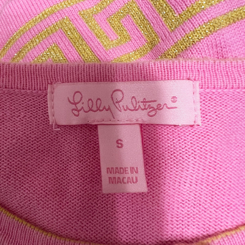Lilly Pulitzer Keane Cardigan Cotton Knit Stretch Metallic Greek Key Sweater S