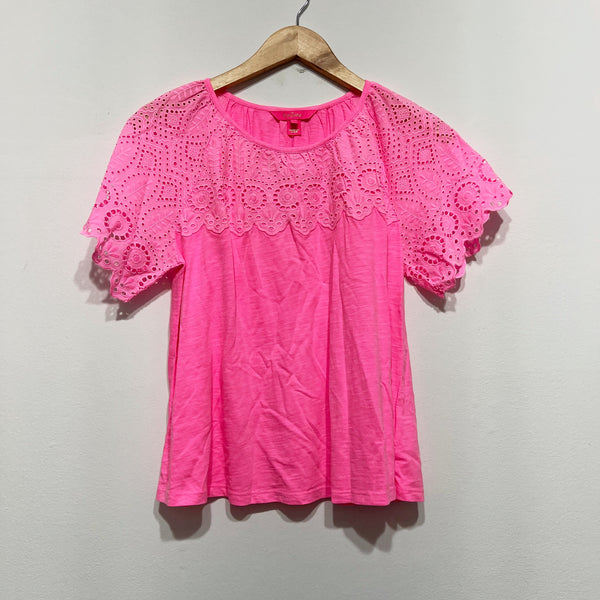 NEW Lilly Pulitzer Taylinn Eyelet Lace Tee Shirt Top In Pink Shandy Neon Small