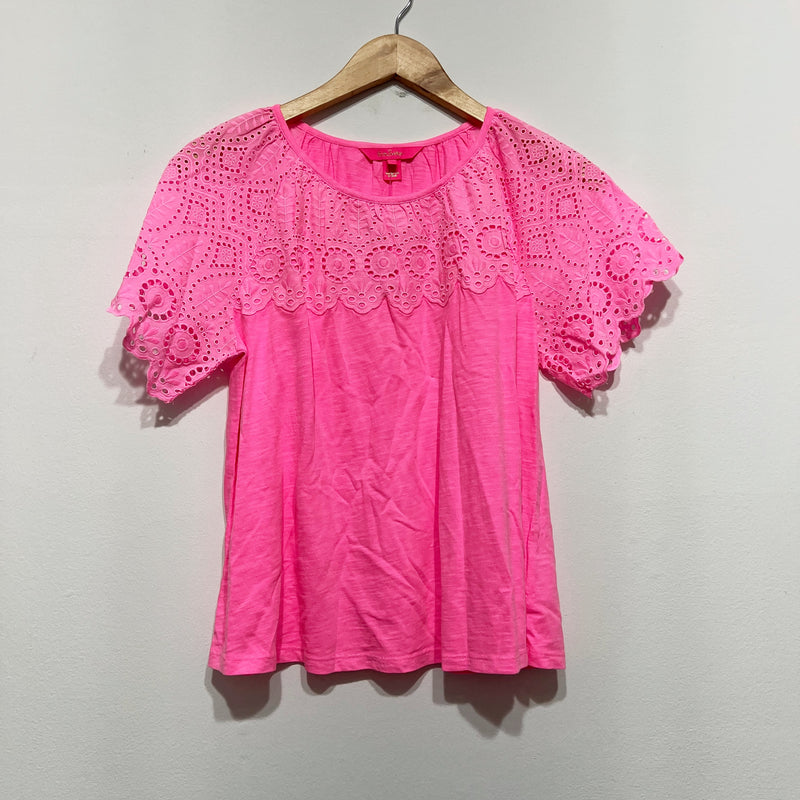 NEW Lilly Pulitzer Taylinn Eyelet Lace Tee Shirt Top In Pink Shandy Neon Small