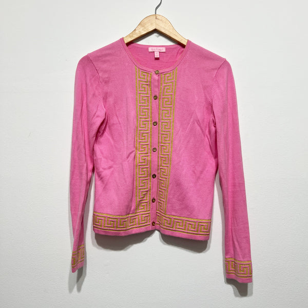 Lilly Pulitzer Keane Cardigan Cotton Knit Stretch Metallic Greek Key Sweater S
