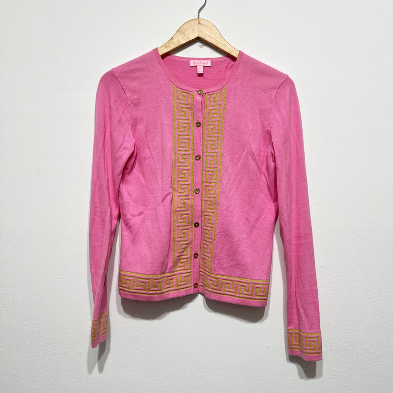 Lilly Pulitzer Keane Cardigan Cotton Knit Stretch Metallic Greek Key Sweater S