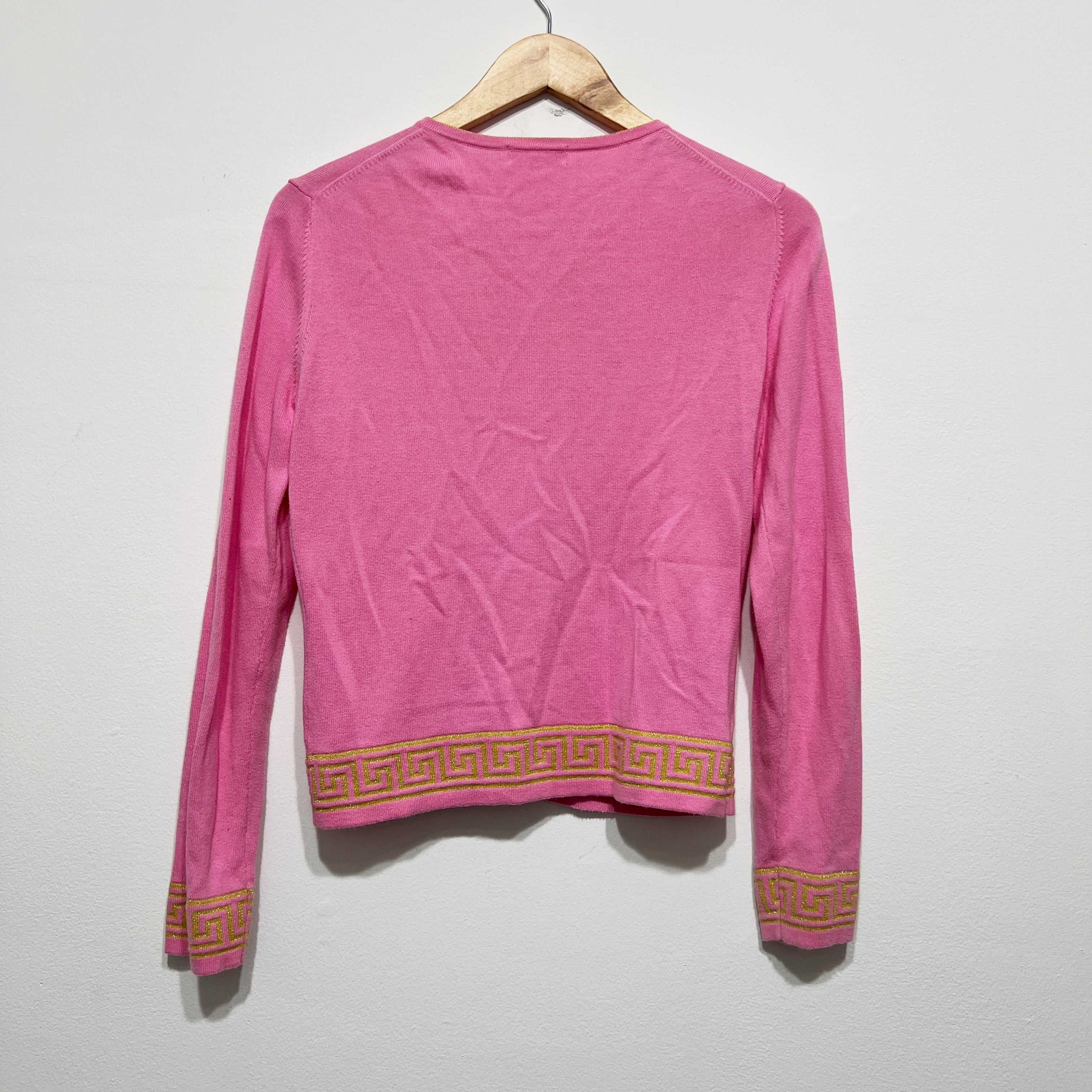 Lilly Pulitzer Keane Cardigan Cotton Knit Stretch Metallic Greek Key Sweater S