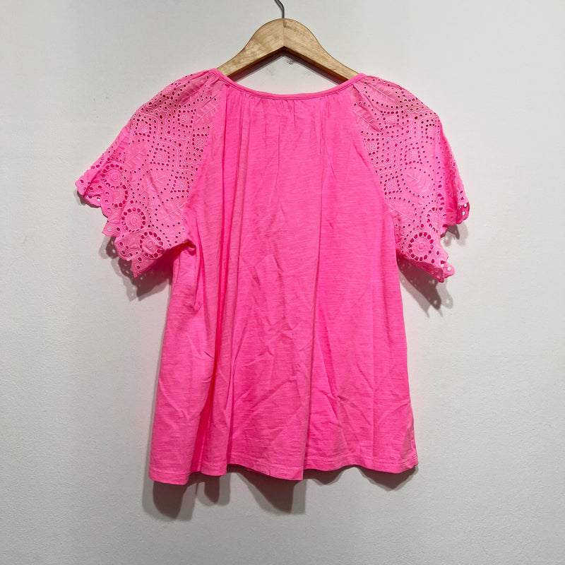 NEW Lilly Pulitzer Taylinn Eyelet Lace Tee Shirt Top In Pink Shandy Neon Small