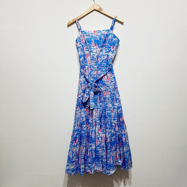 Lilly Pulitzer Analeese Cotton Belt Tiered Midi Dress Zanzibar Blue Boatylicious