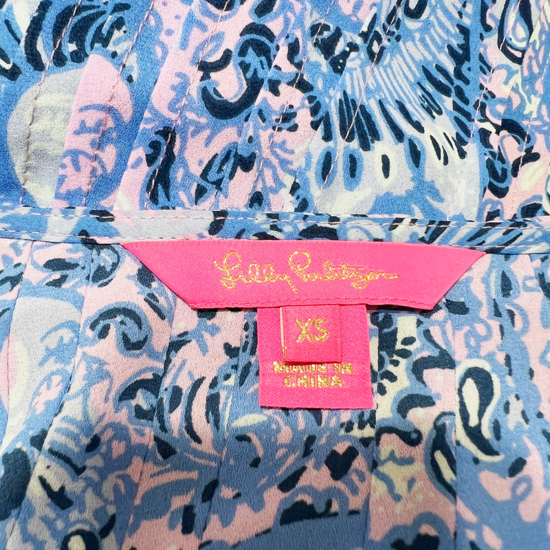 Lilly Pulitzer Marilina Pintuck Pleated V Neck Tassel Blouse Top Purple Iris XS