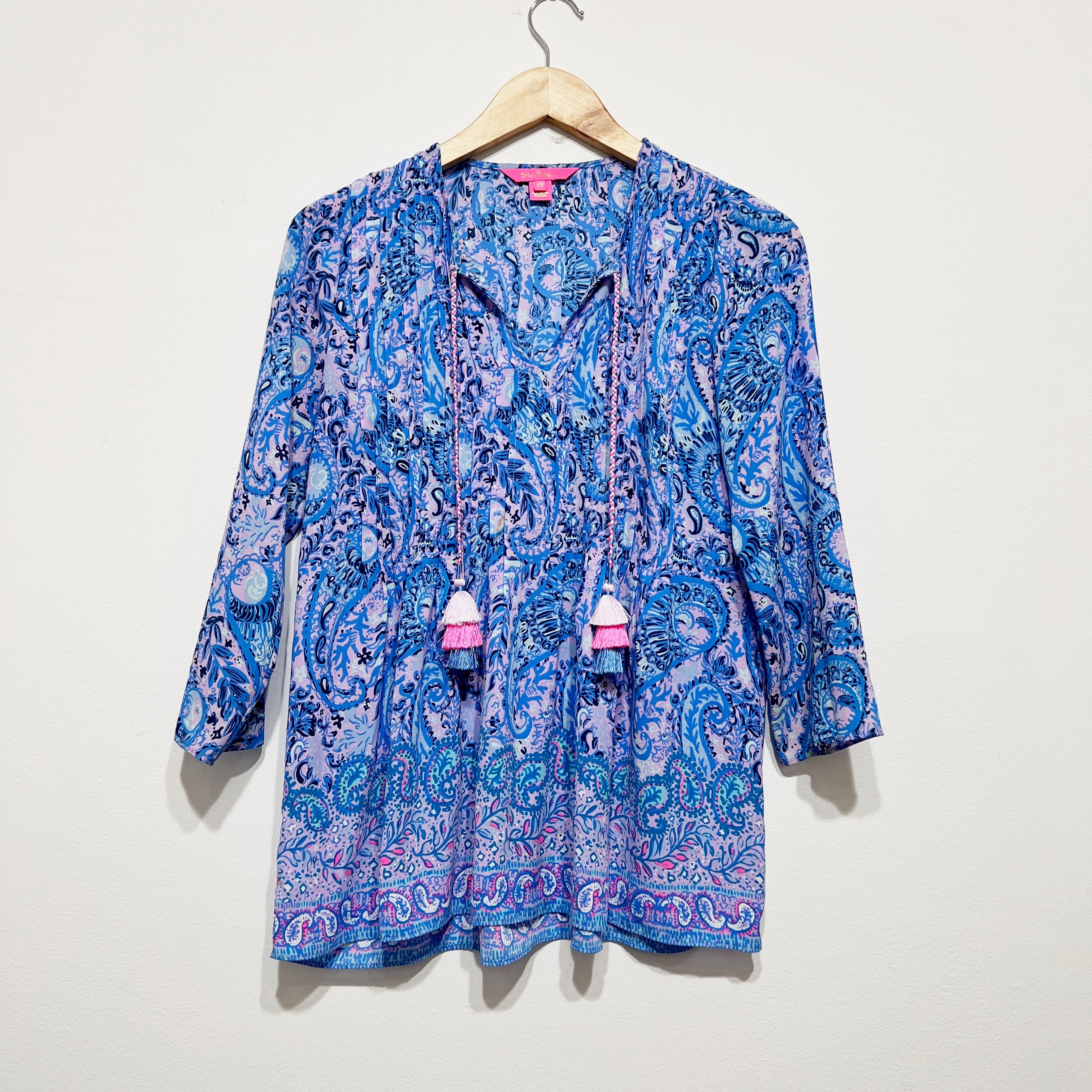 Lilly Pulitzer Marilina Pintuck Pleated V Neck Tassel Blouse Top Purple Iris XS