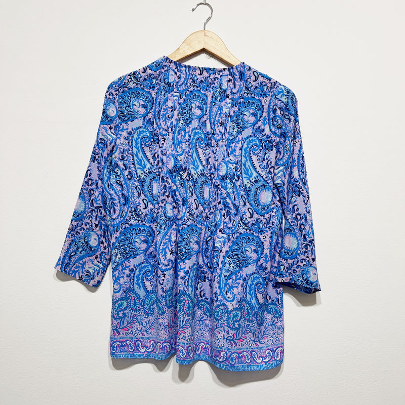 Lilly Pulitzer Marilina Pintuck Pleated V Neck Tassel Blouse Top Purple Iris XS