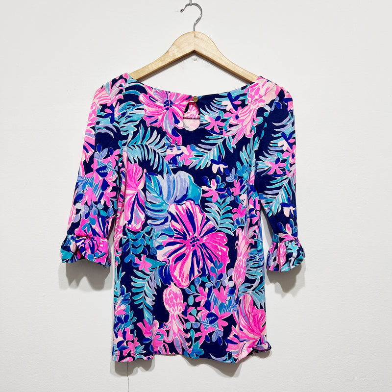Lilly Pulitzer Waverly Ruffle Sleeve Boat Neck Blouse Multi Garden Get Away S