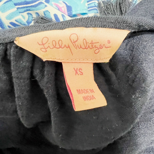 Lilly Pulitzer Linzy Cotton Stretch VNeck Tassel Fringe Tee Shirt True Navy Blue