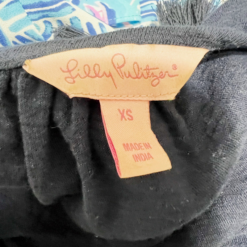 Lilly Pulitzer Linzy Cotton Stretch VNeck Tassel Fringe Tee Shirt True Navy Blue