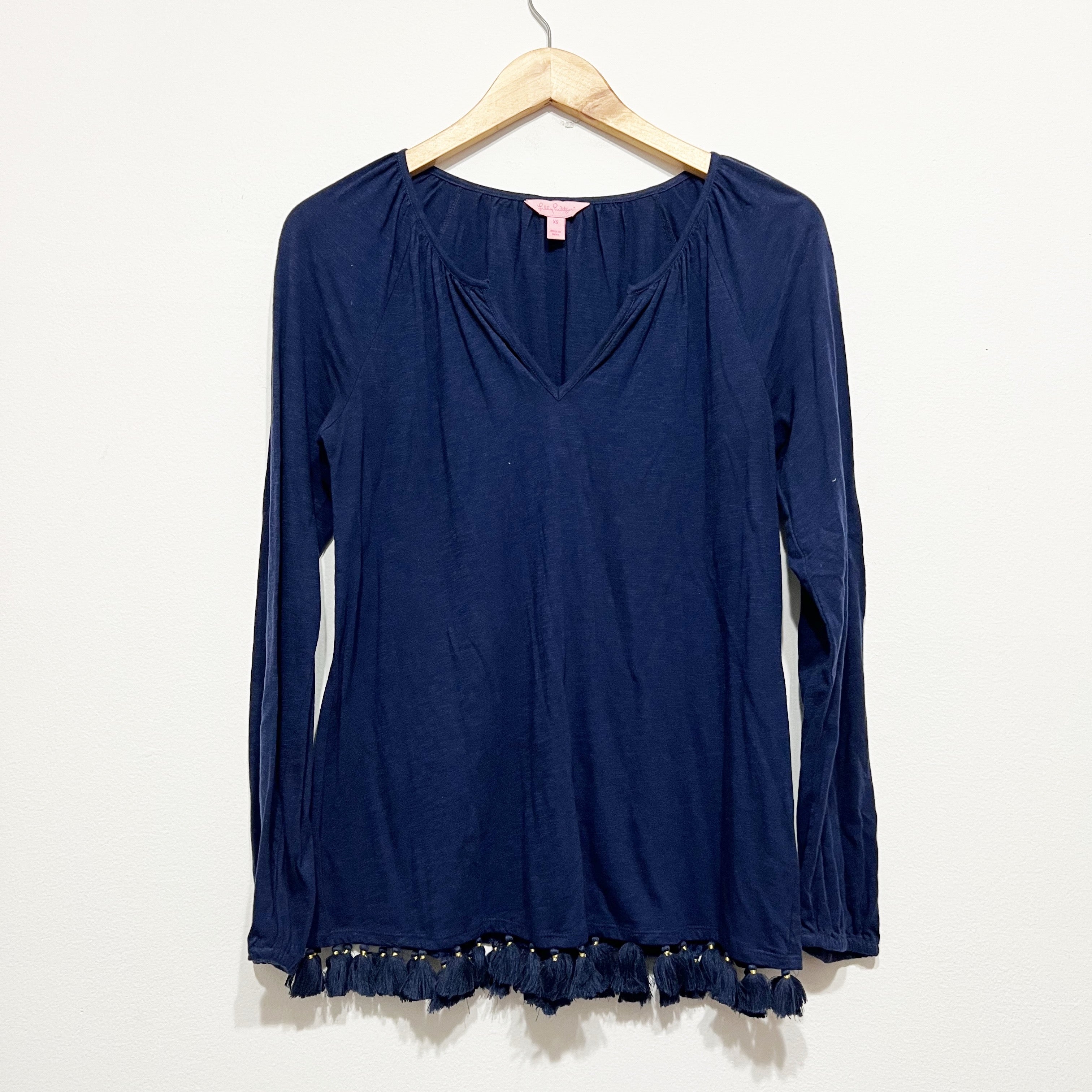 Lilly Pulitzer Linzy Cotton Stretch VNeck Tassel Fringe Tee Shirt True Navy Blue