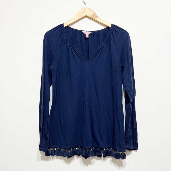 Lilly Pulitzer Linzy Cotton Stretch VNeck Tassel Fringe Tee Shirt True Navy Blue
