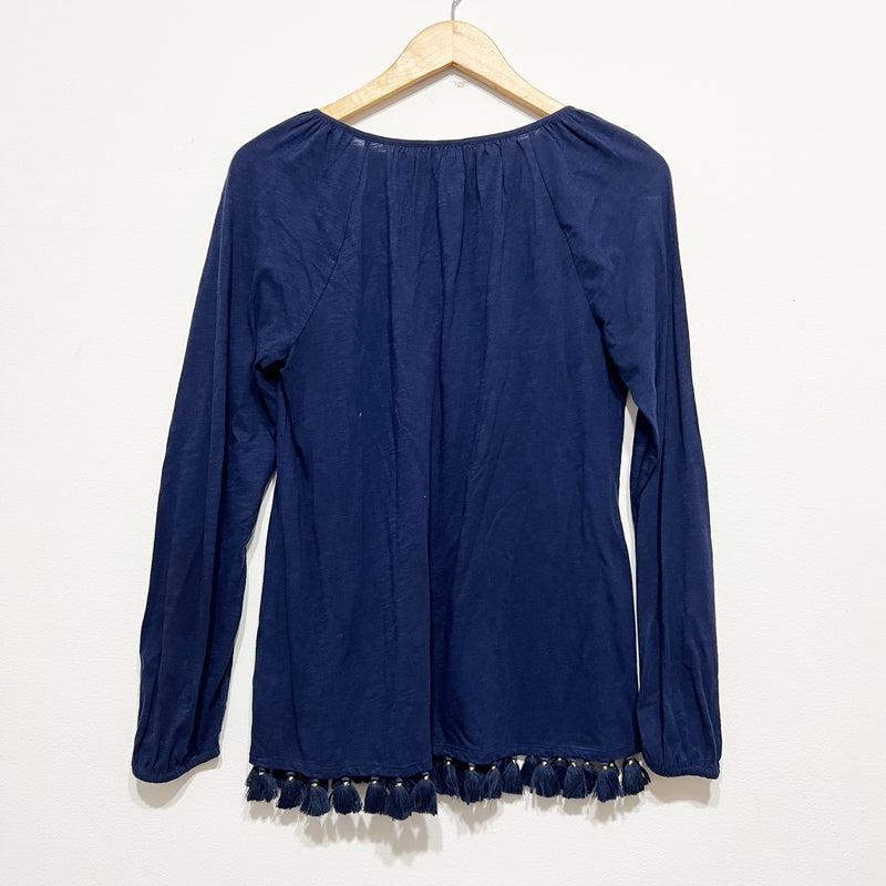 Lilly Pulitzer Linzy Cotton Stretch VNeck Tassel Fringe Tee Shirt True Navy Blue