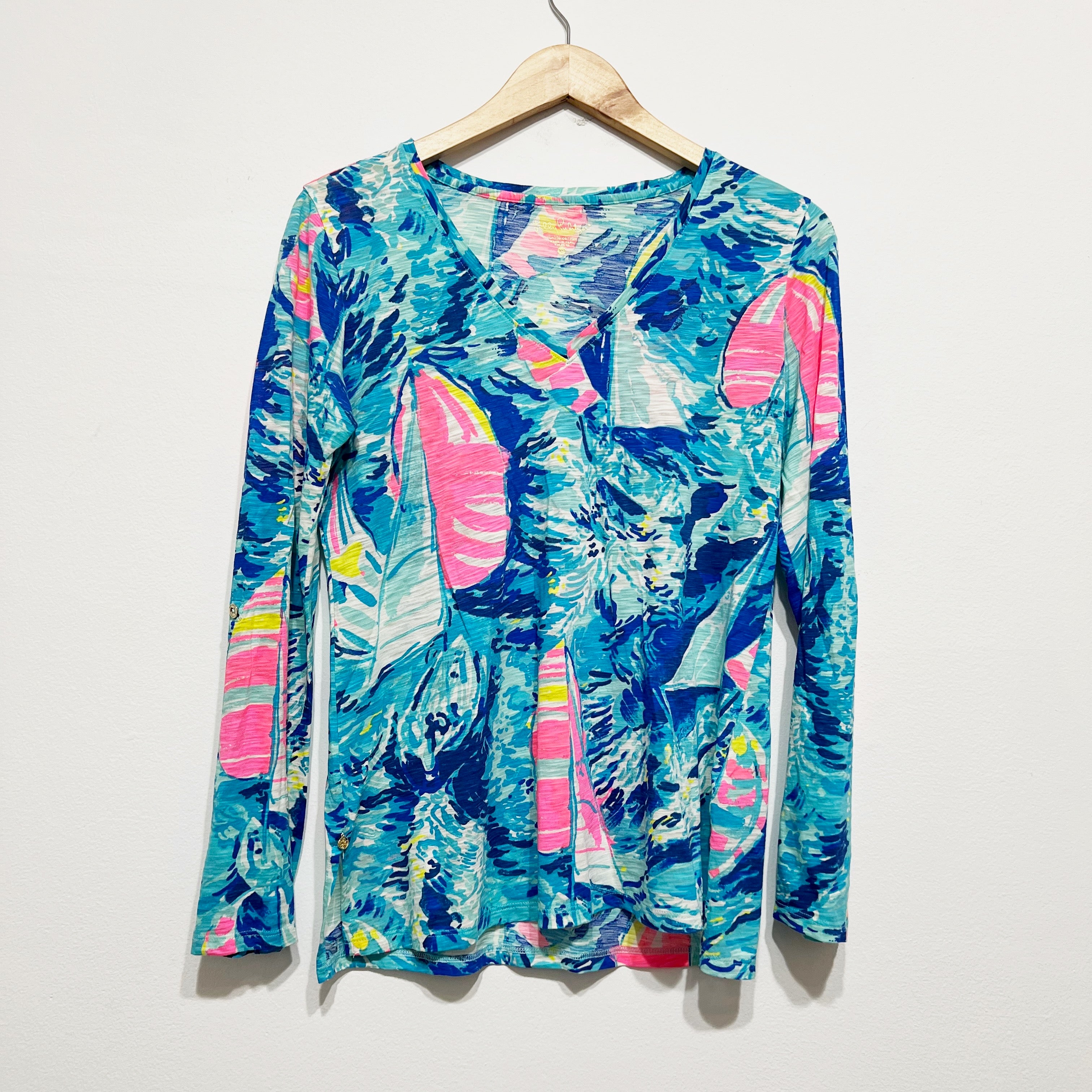 Lilly Pulitzer Jennifer Long Sleeve Tee Shirt Sparkling Blue Hey Bay Bay Print