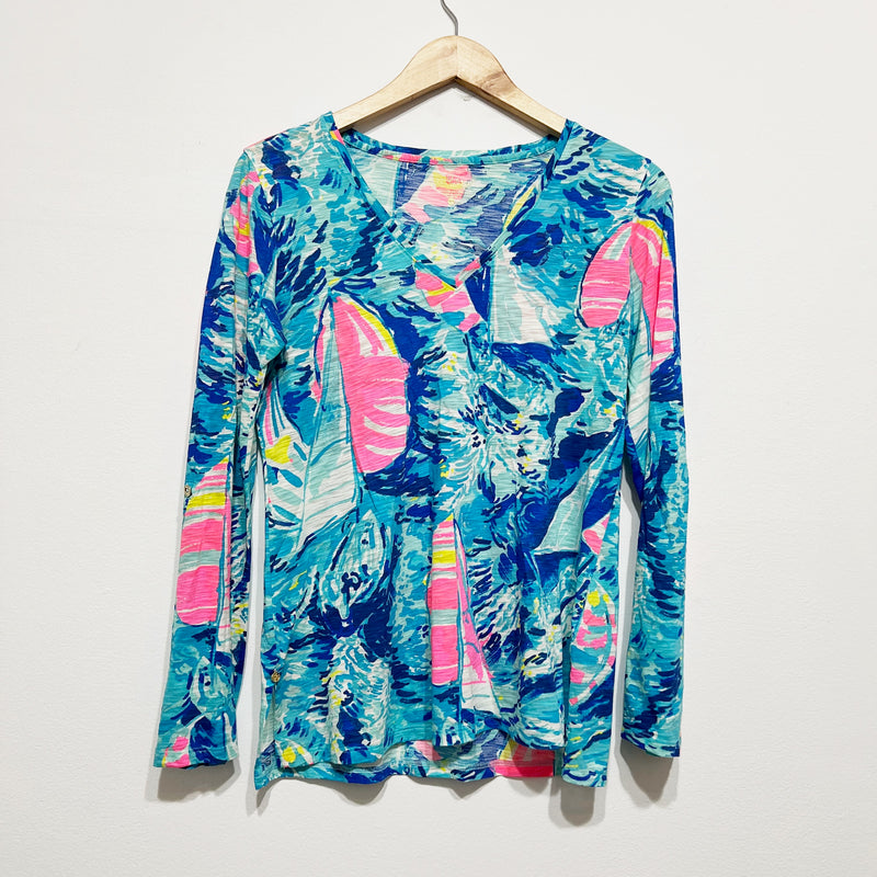 Lilly Pulitzer Jennifer Long Sleeve Tee Shirt Sparkling Blue Hey Bay Bay Print