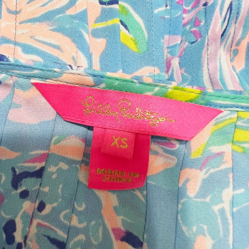 Lilly Pulitzer Marilina Pintuck Pleated V Neck Tassel Blouse All Together Now XS