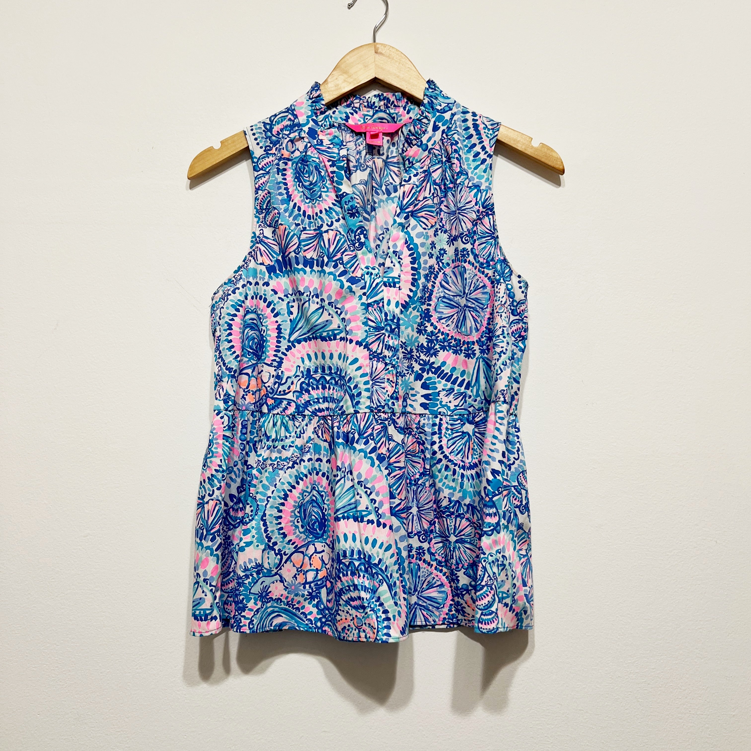 Lilly Pulitzer Novella Ruffle Hem Cotton Top Blue Grotto Commotion In The Ocean