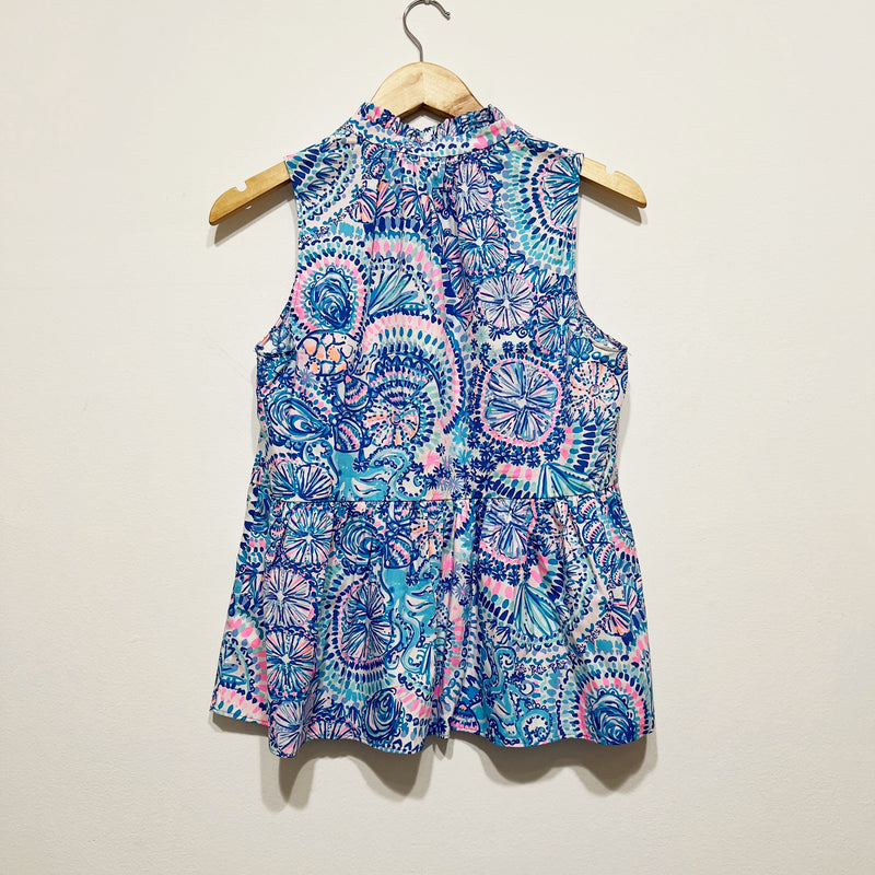 Lilly Pulitzer Novella Ruffle Hem Cotton Top Blue Grotto Commotion In The Ocean
