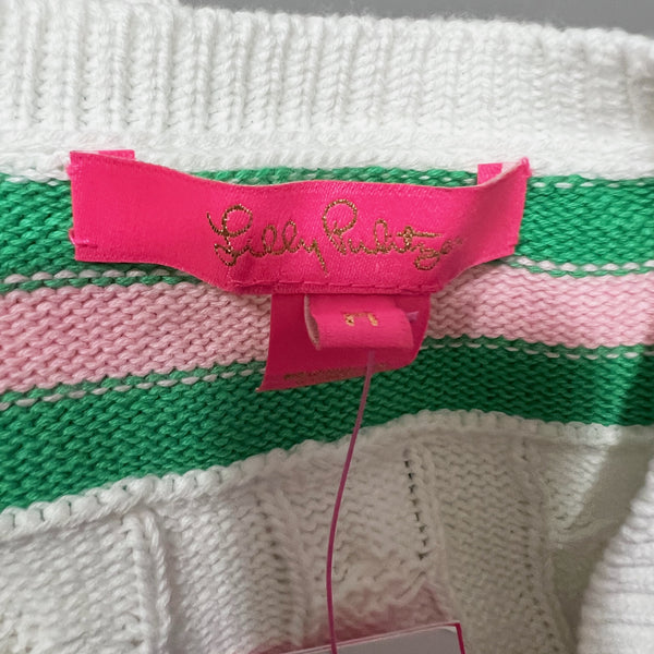 NEW Lilly Pulitzer Brockton Cotton Cable Knit V Neck Sweater Resort White Pink M