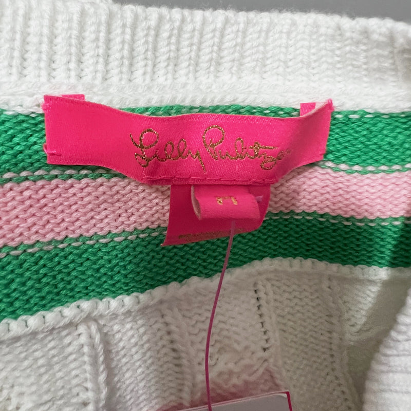 NEW Lilly Pulitzer Brockton Cotton Cable Knit V Neck Sweater Resort White Pink M