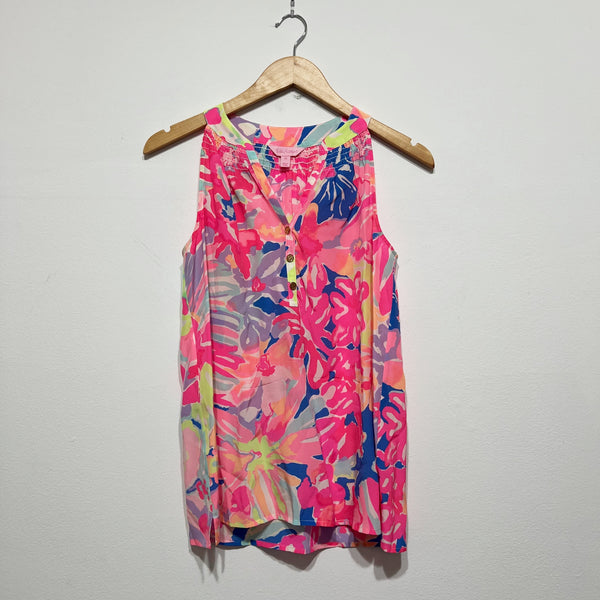 Lilly Pulitzer Bailey Silk Chiffon Sleeveless V Neck Blouse Shirt Playa Hermosa