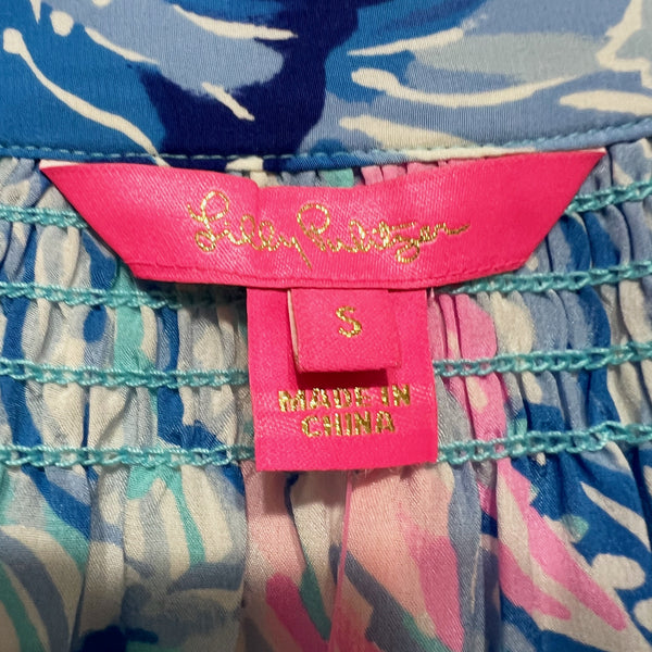 NEW Lilly Pulitzer Elsa Silk Chiffon Saltwater Blue Shade Seekers Print Blouse S