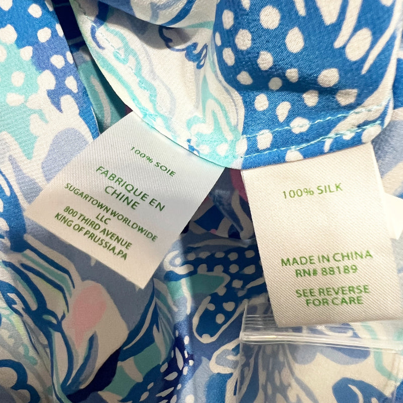 NEW Lilly Pulitzer Elsa Silk Chiffon Saltwater Blue Shade Seekers Print Blouse S