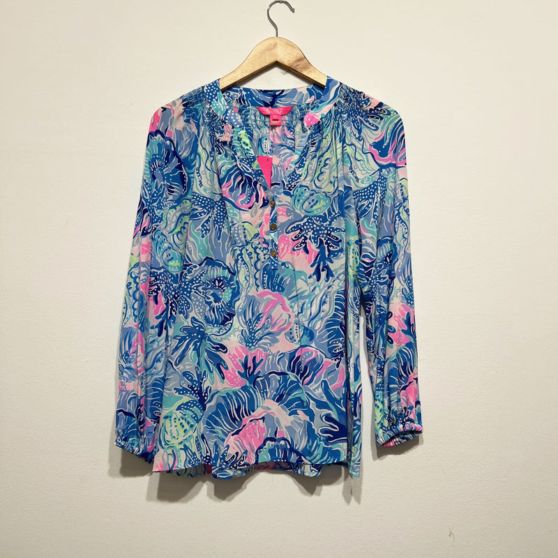 NEW Lilly Pulitzer Elsa Silk Chiffon Saltwater Blue Shade Seekers Print Blouse S
