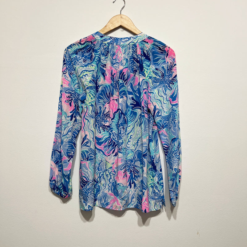 NEW Lilly Pulitzer Elsa Silk Chiffon Saltwater Blue Shade Seekers Print Blouse S