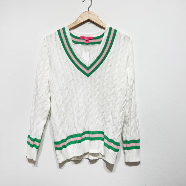 NEW Lilly Pulitzer Brockton Cotton Cable Knit V Neck Sweater Resort White Pink M