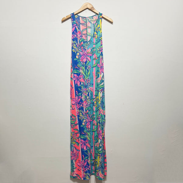 Lilly Pulitzer Karri Cotton Sleeveless V Neck Maxi Long Dress Easy Tiger Print S
