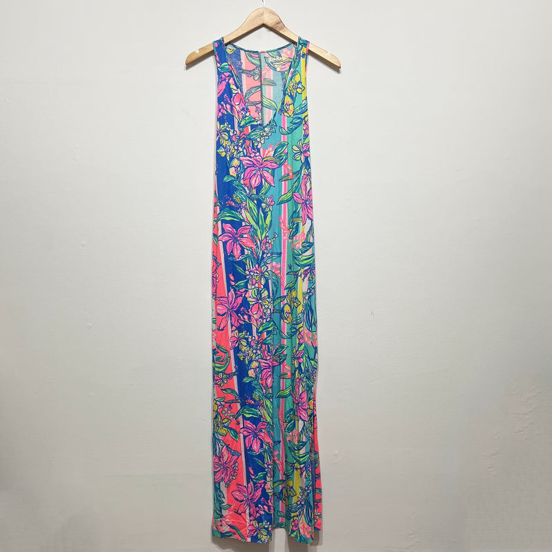 Lilly Pulitzer Karri Cotton Sleeveless V Neck Maxi Long Dress Easy Tiger Print S