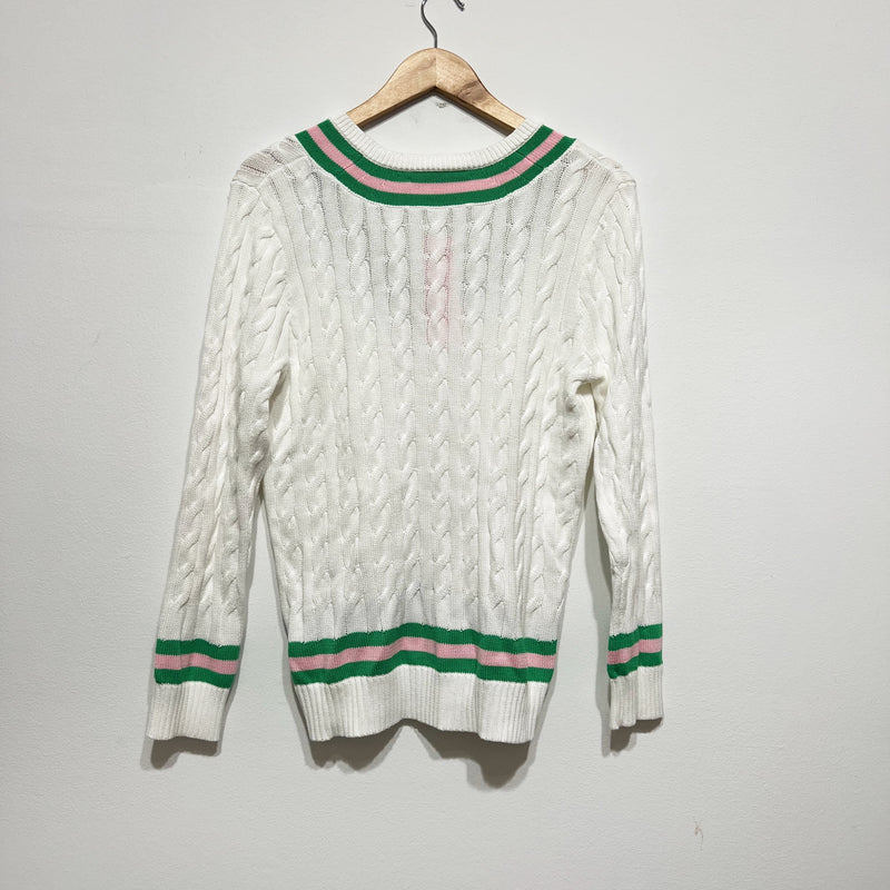 NEW Lilly Pulitzer Brockton Cotton Cable Knit V Neck Sweater Resort White Pink M