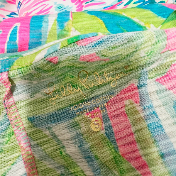 Lilly Pulitzer Jessica Tiki Pink Royal Lime Palm Tree Print Pattern Cotton Dress