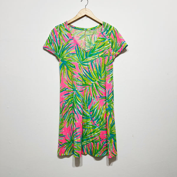 Lilly Pulitzer Jessica Tiki Pink Royal Lime Palm Tree Print Pattern Cotton Dress