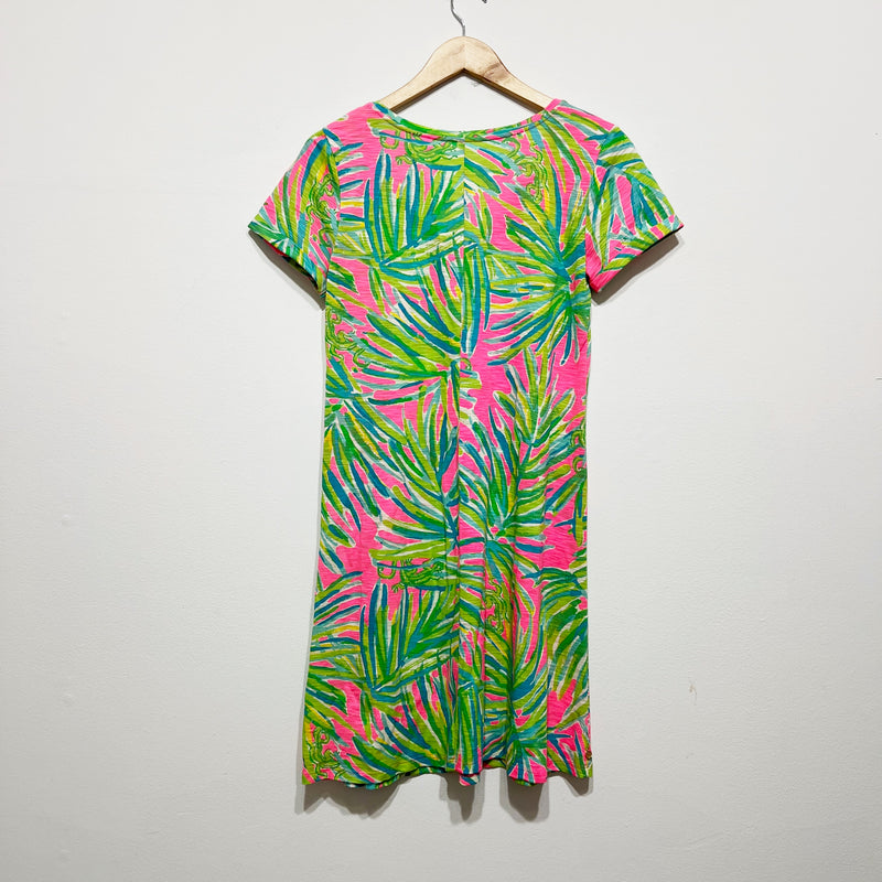 Lilly Pulitzer Jessica Tiki Pink Royal Lime Palm Tree Print Pattern Cotton Dress
