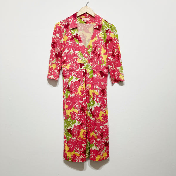 Lilly Pulitzer Blayney Silk Blend Stretch Paisley Floral Pink Green Midi Dress S