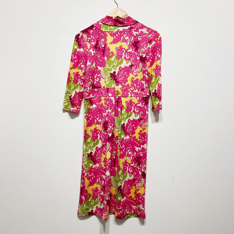 Lilly Pulitzer Blayney Silk Blend Stretch Paisley Floral Pink Green Midi Dress S