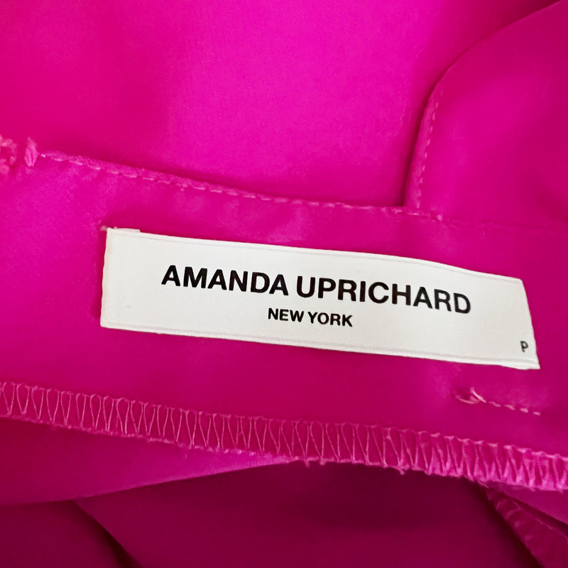 Amanda Uprichard Sateen Smocked Waist Square Neck Ruched Leg Jumpsuit Hot Pink