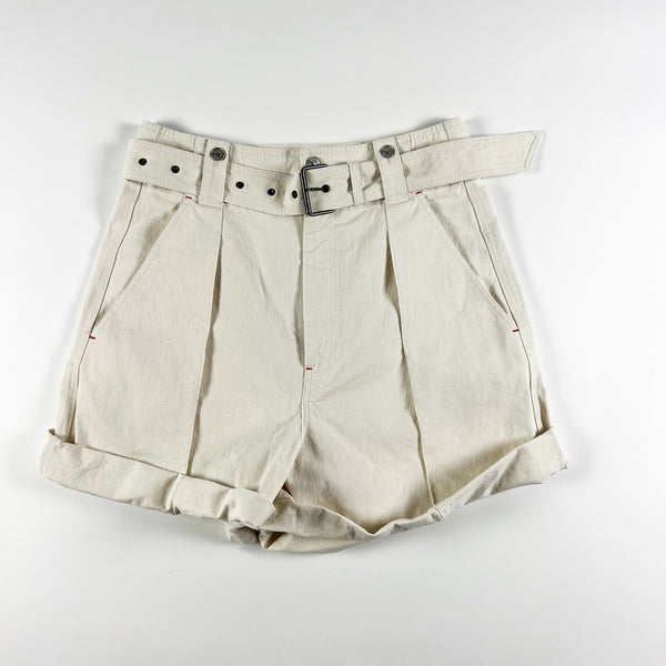 NEW Isabel Marant Delilaz Cotton High Waist Cuffed Hem Mini Belted Shorts Ecru 8