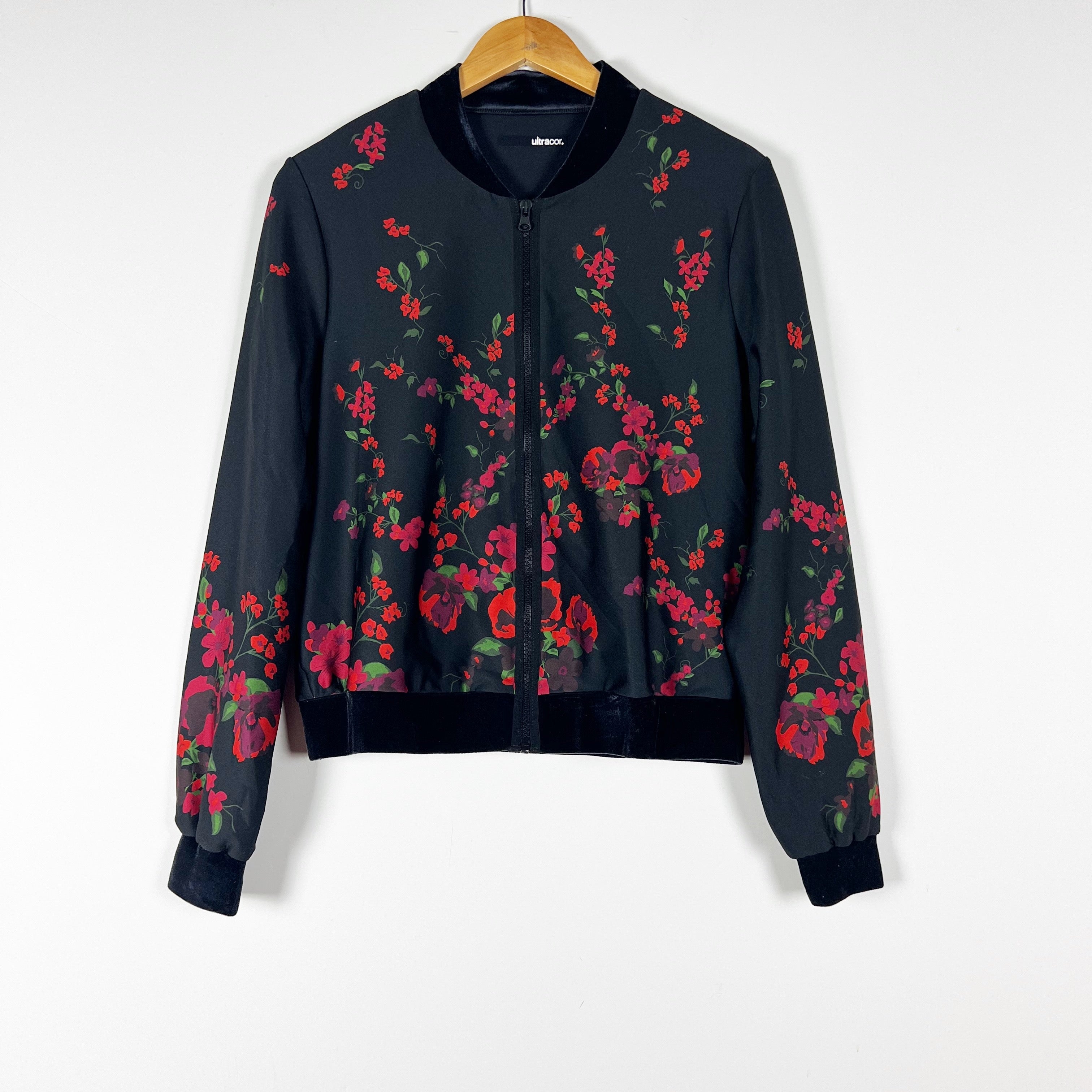Ultracor The Wilds Air Red Black Floral Flower Print Velvet Trim Full Zip Jacket