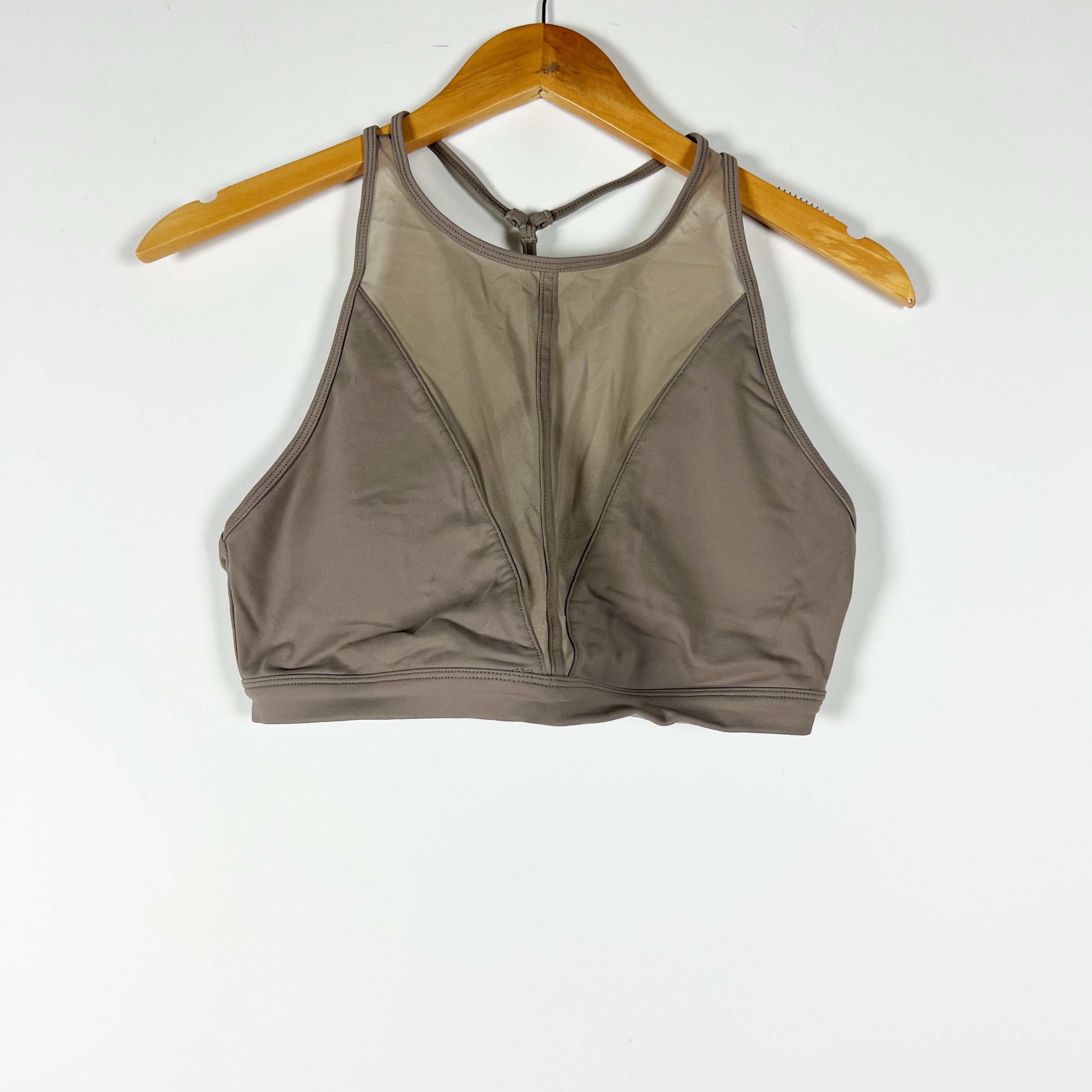 Alo Yoga Women's Empower High Neck Mesh Yoga Sports Bra In Gravel Neutral Large