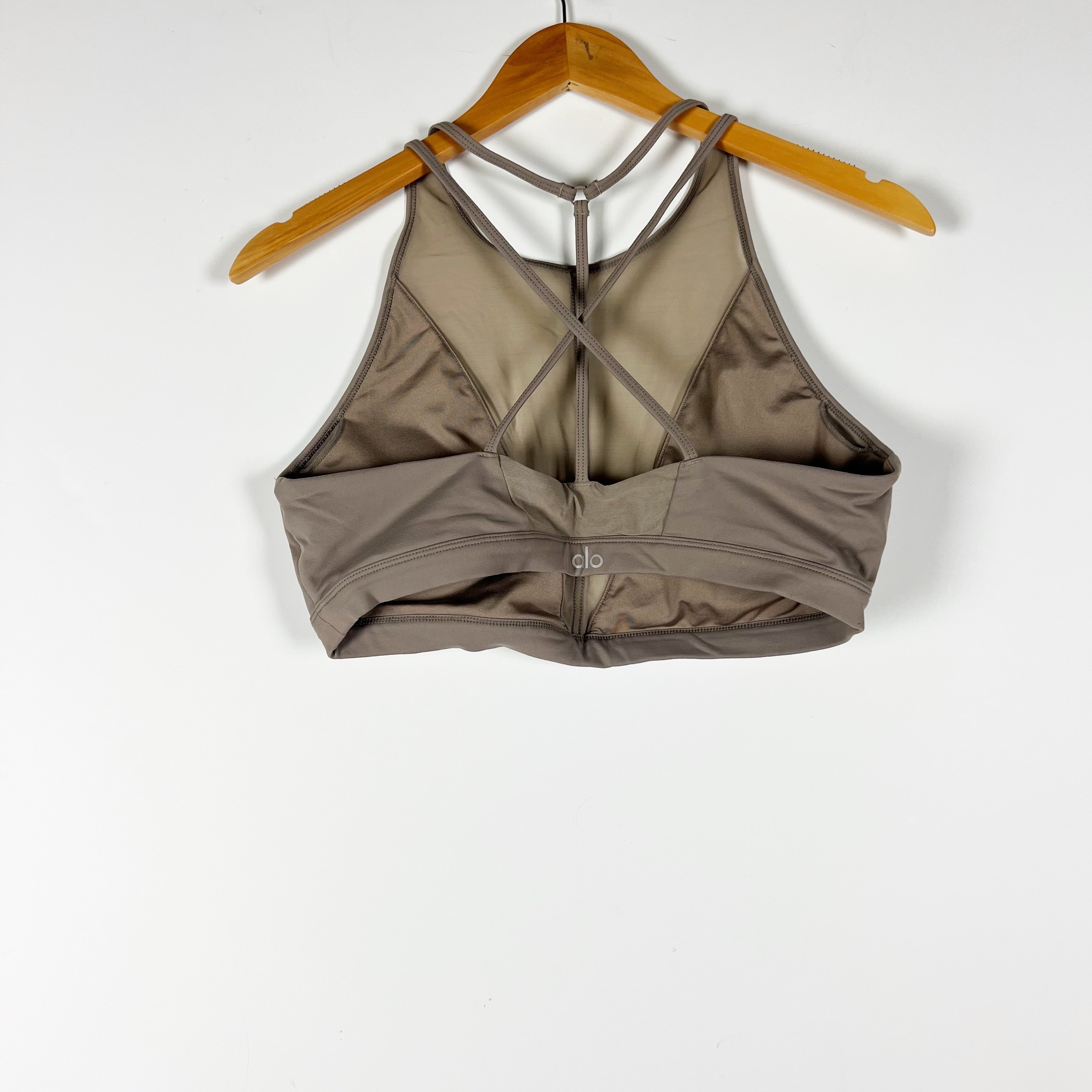 Alo Yoga Women's Empower High Neck Mesh Yoga Sports Bra In Gravel Neutral Large