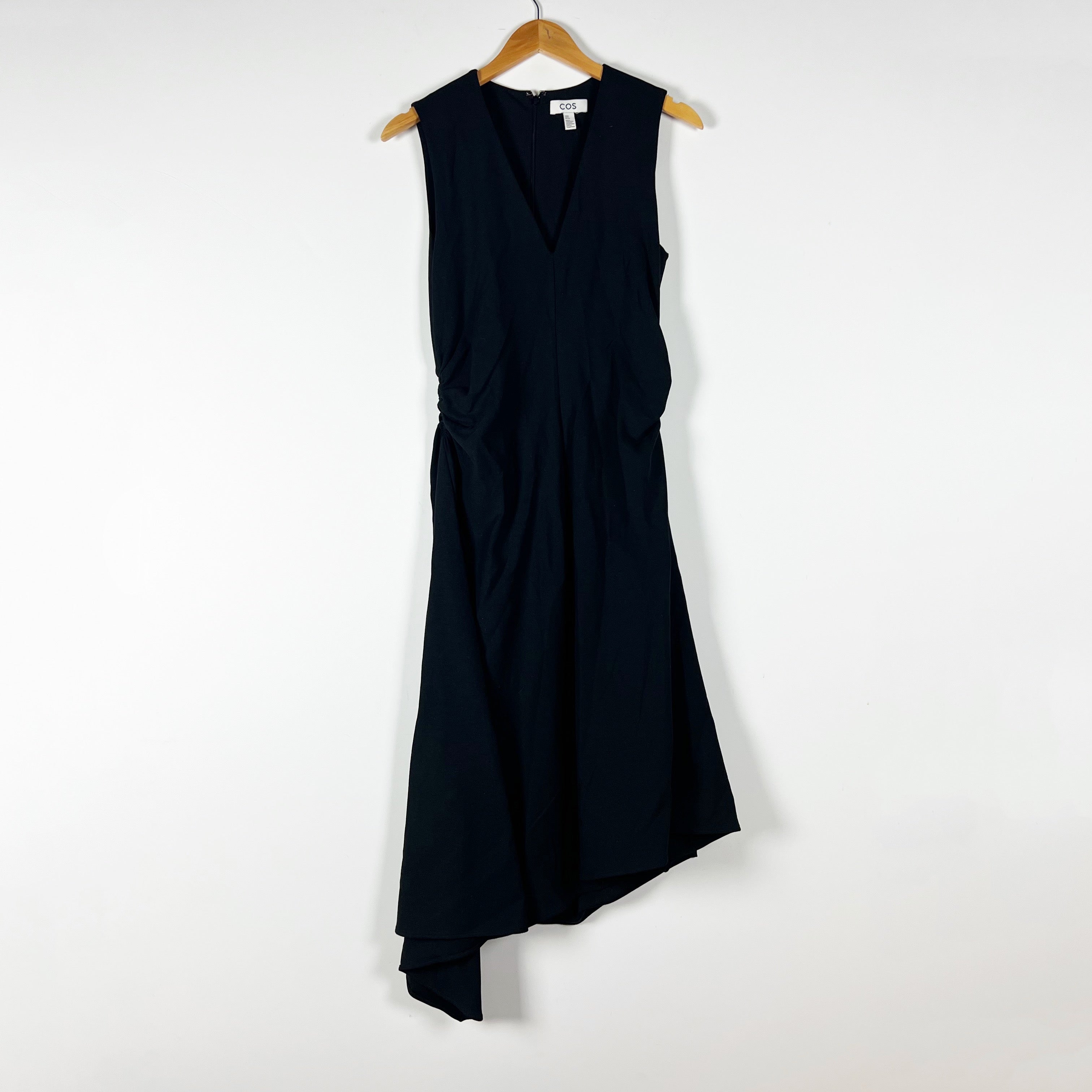 COS Ponte Stretch Knit V Neck Sleeveless Asymmetrical Hem Midi Dress Black XS