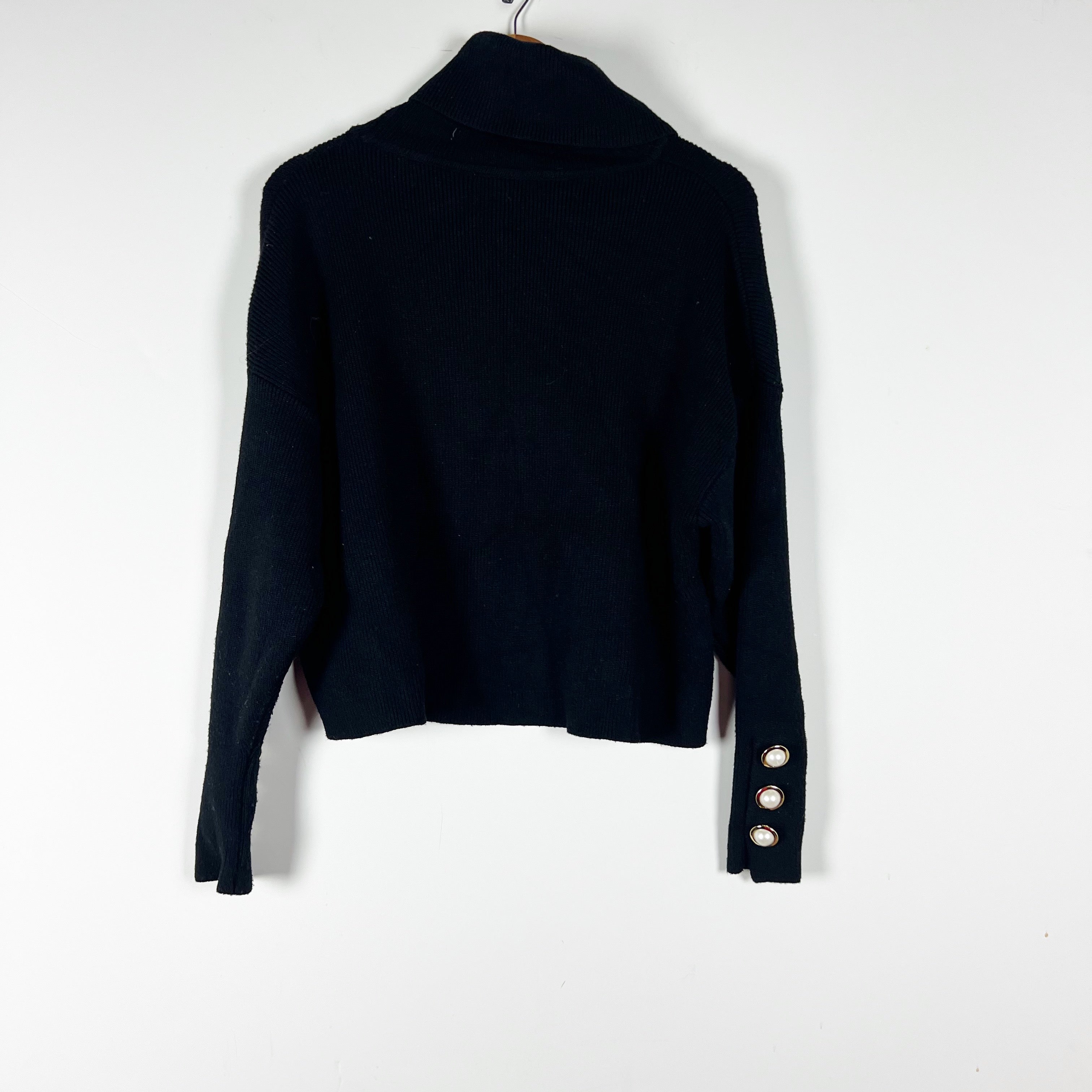 Zara Knit Stretch Pearl Beaded Embellished Button Turtleneck Pullover Sweater M