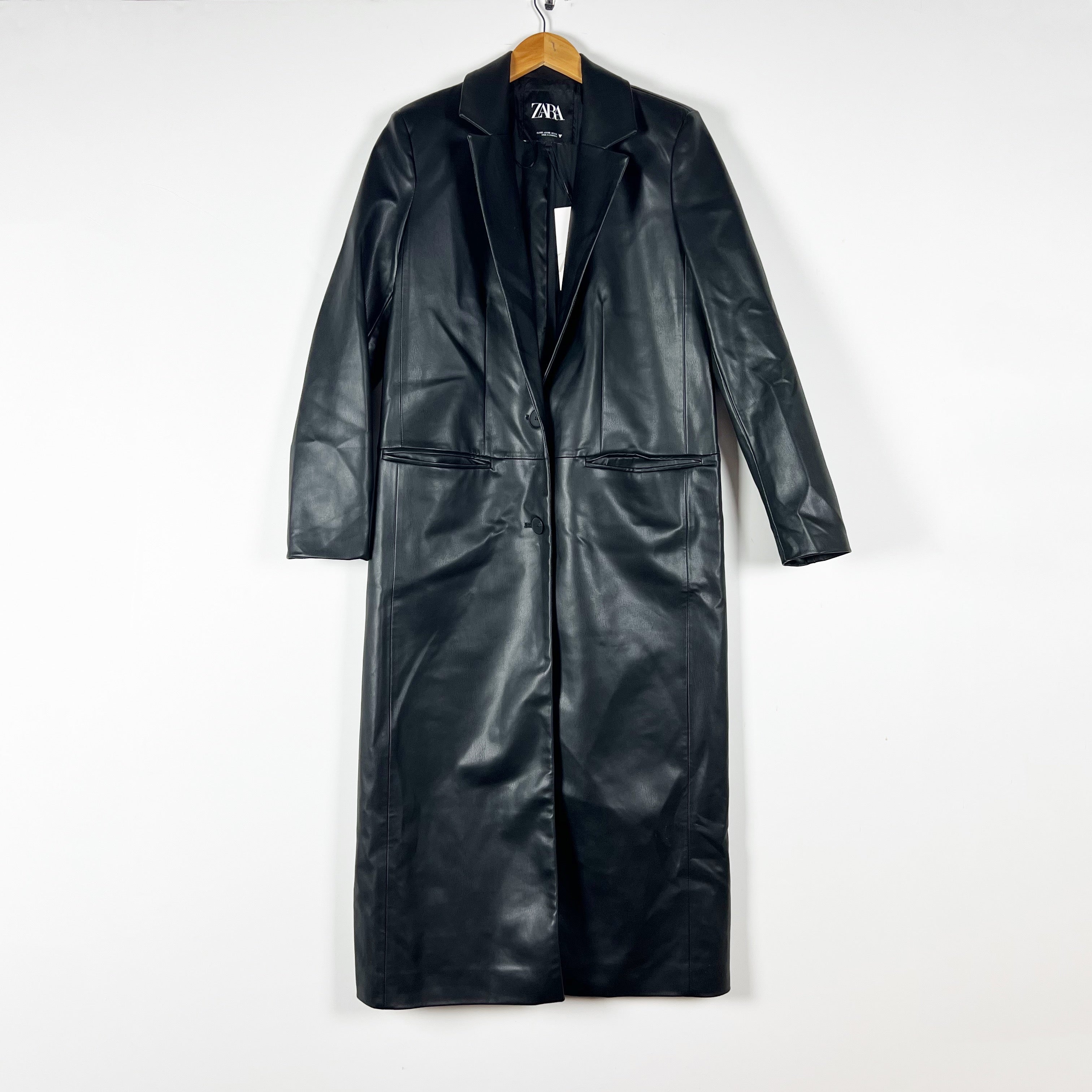 NEW Zara Faux Vegan Leather On Button Long Overcoat Trench Coat Jacket Black XS