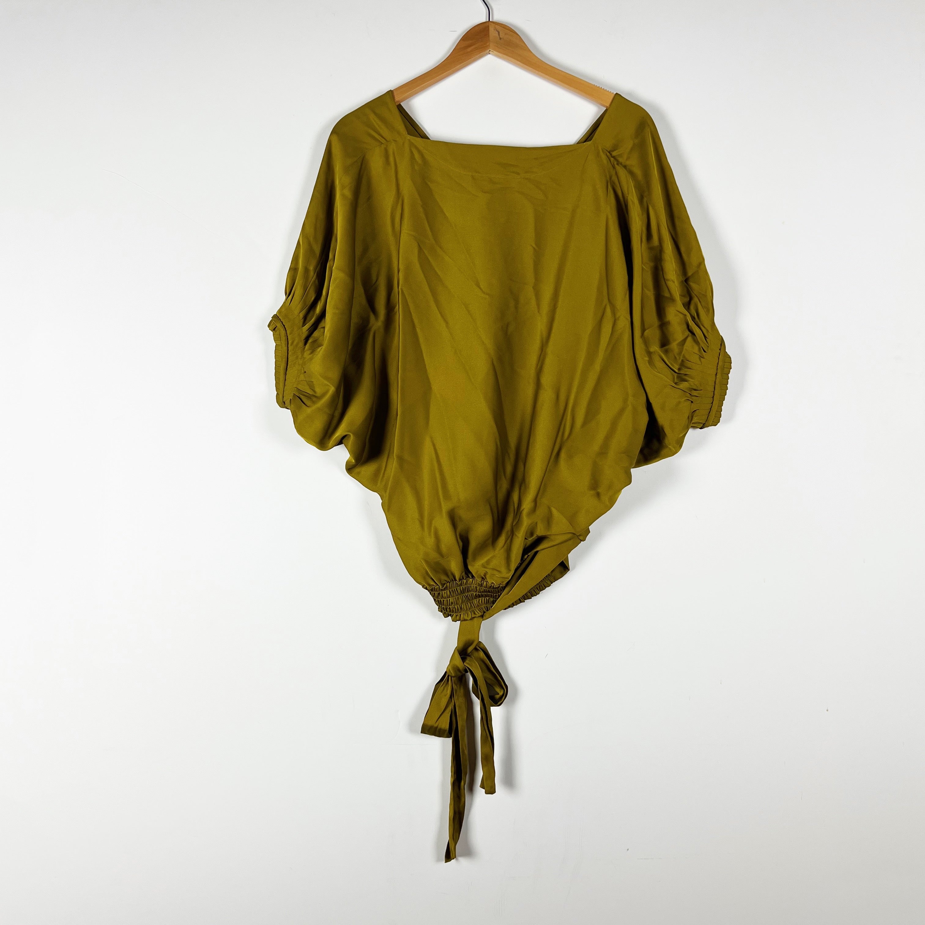Diane Von Furstenberg Edna Silk Satin Deep V Neck Tie Waist Blouse Shirt Green
